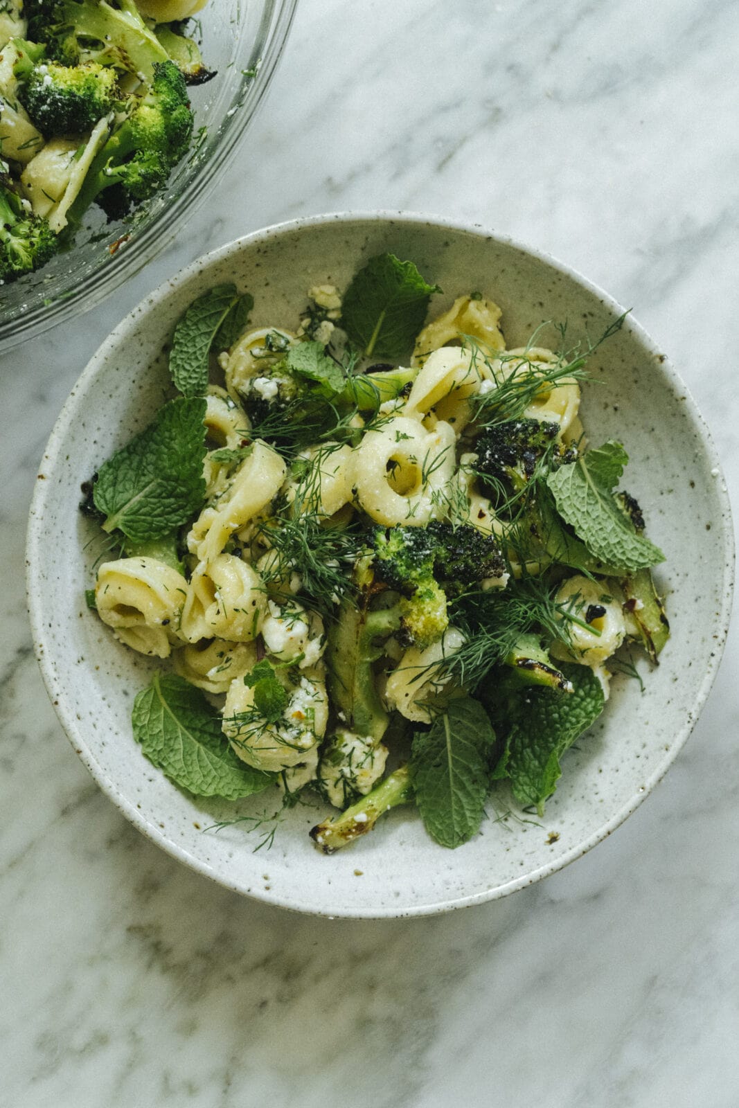 A bowl of orecchiette pasta with roasted broccoli, crumbled cheese, fresh mint, and dill. - Hetty Lui McKinnon