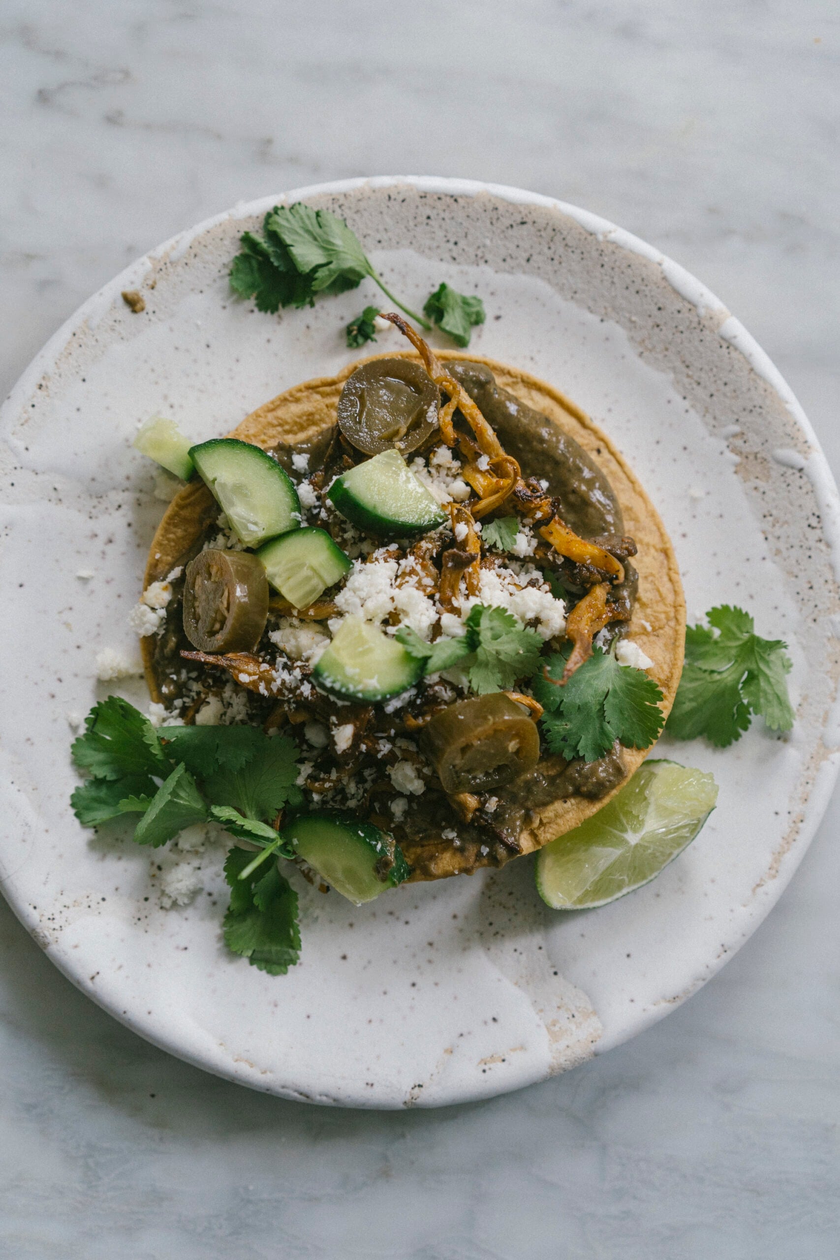 A corn tostada topped with shredded meat, black beans, crumbled cheese, sliced jalapeños, avocado, cilantro, and a lime wedge on a white plate.