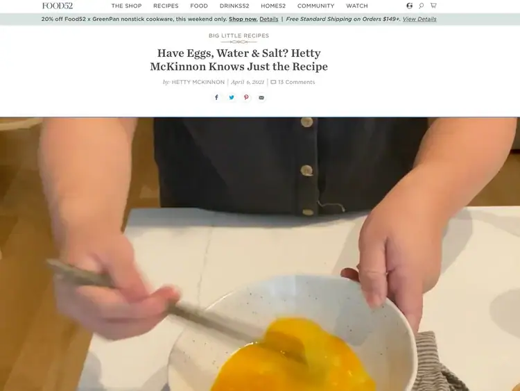A person whisking eggs in a white bowl on a countertop, with an article headline about simple egg recipes displayed above.