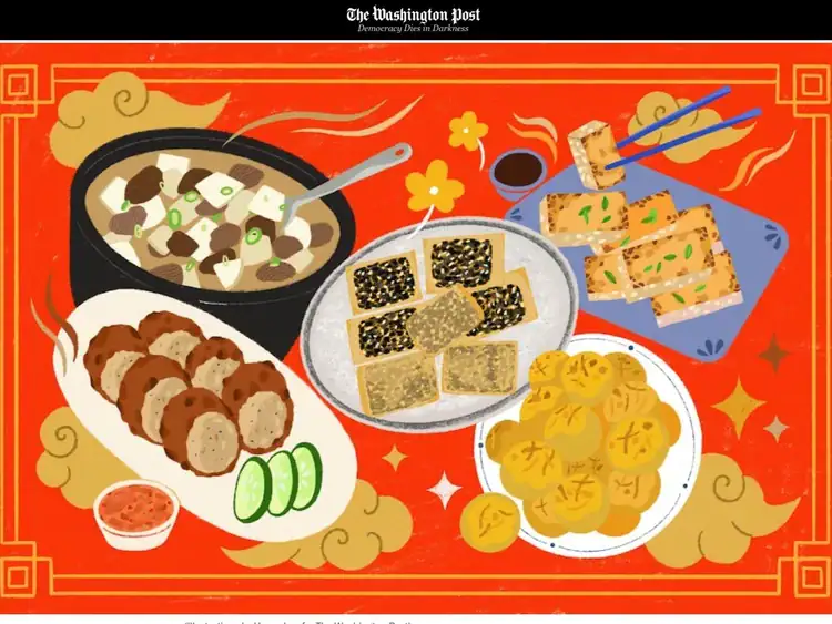 Illustration of various Chinese dishes on a red table, including tofu stew, sesame snacks, sliced meat with cucumbers, dumplings, and pan-fried pastries.