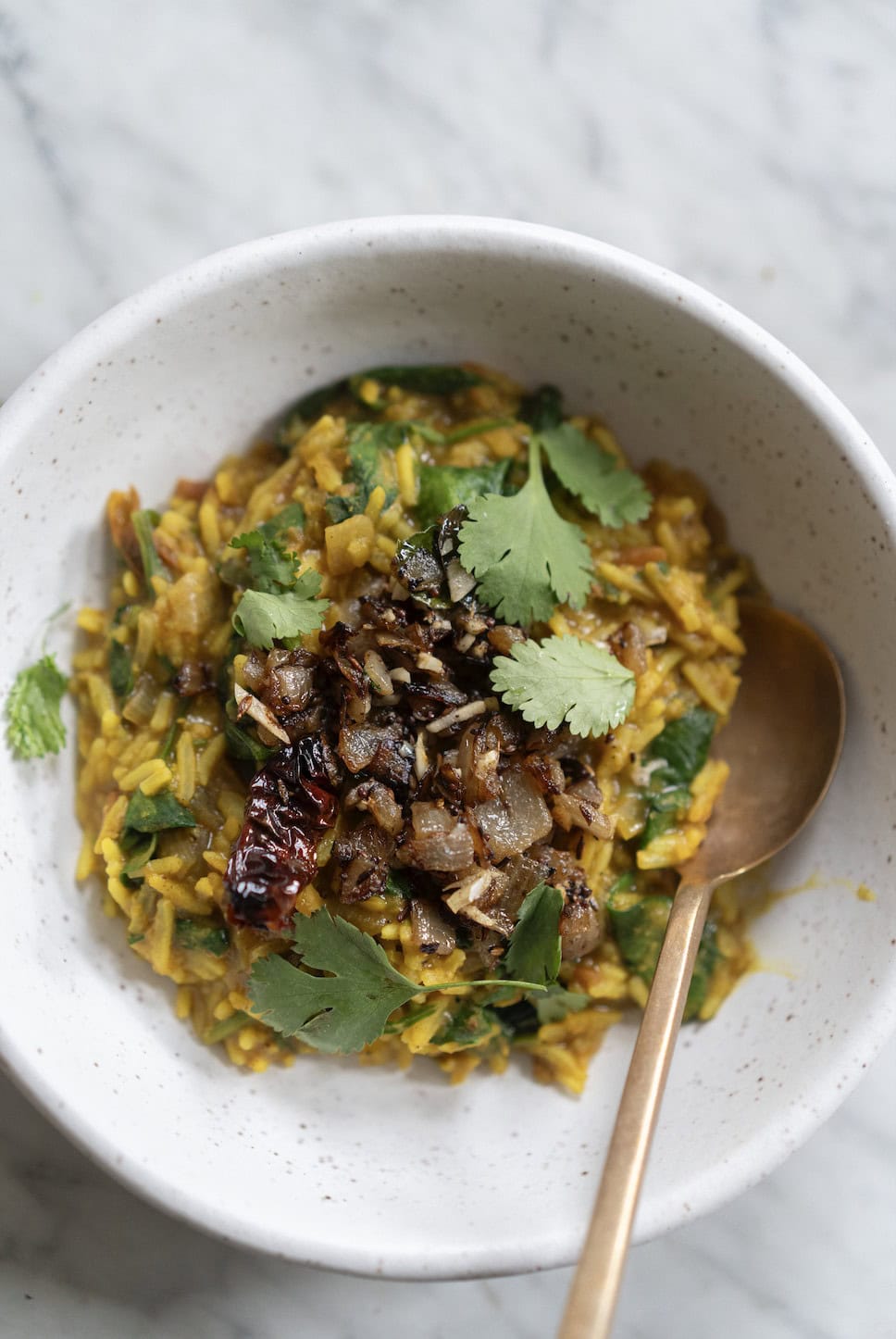 A bowl of yellow rice mixed with greens, topped with caramelized onions, dried chili, and fresh cilantro, with a gold spoon on the side.