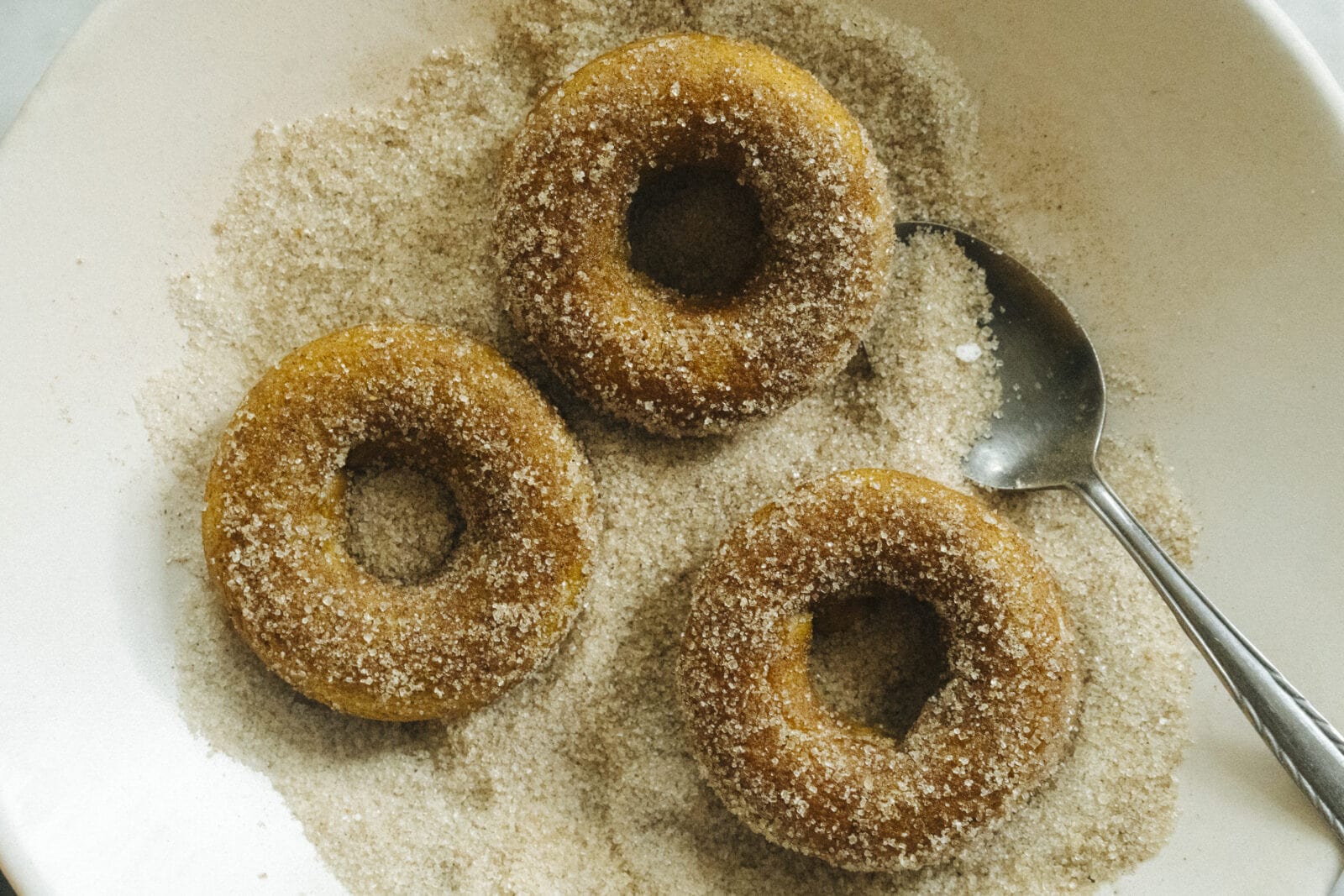 Three sugar-coated donuts in a bowl of sugar with a metal spoon. - Hetty Lui McKinnon