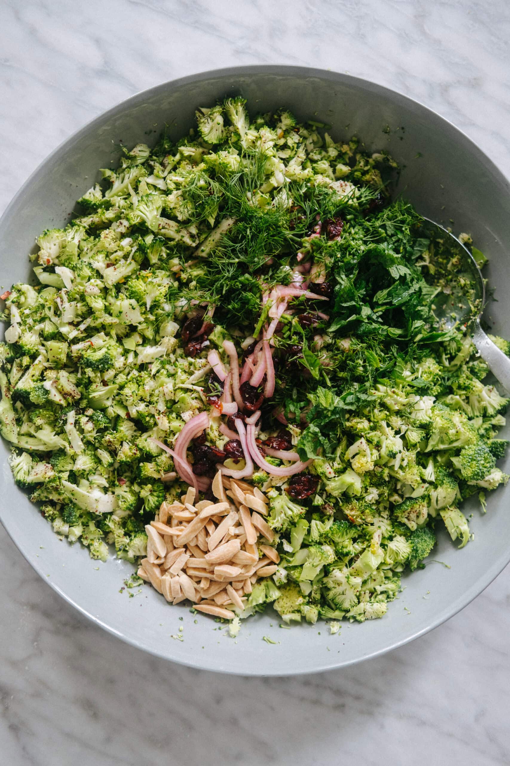 A large bowl contains chopped broccoli, fresh herbs, pickled red onions, sliced almonds, and dried cranberries, arranged in separate piles before mixing.