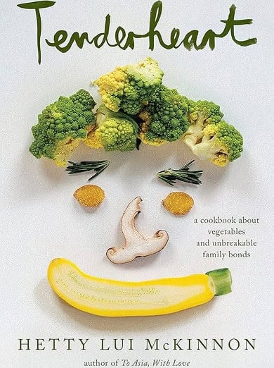 Cover of "Tenderheart" by Hetty Lui McKinnon, featuring vegetables arranged to resemble a smiling face on a white background.
